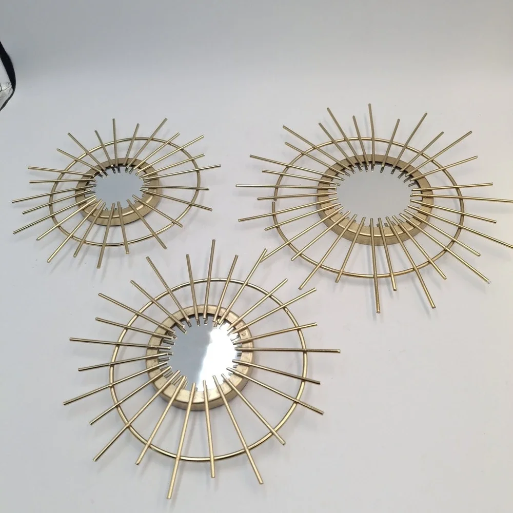 Set of 3 Gold Sunburst Wall Mirrors Metal Starburst Accent Decor 10